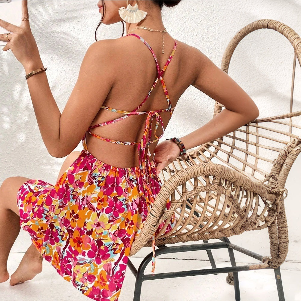 Women's Floral Print Dress Summer Lace-up Back Seaside Holiday Short Dresses