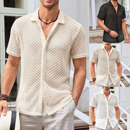 Fashion Solid Color Polo Collar Short Sleeve Mesh Shirt Tops Men Clothing