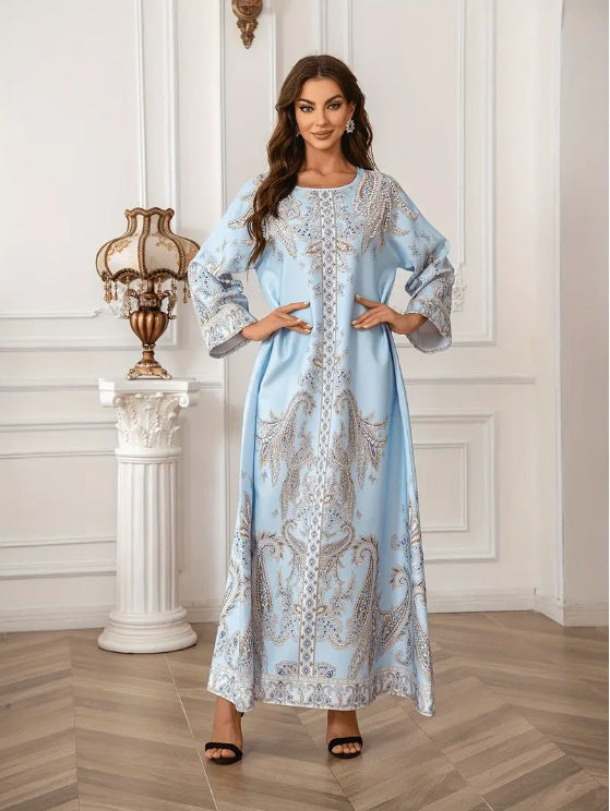 Elegant Floral Print Long Sleeve Abaya Dress