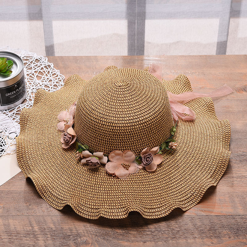 Fashion Big Sunny Sunny Hat Woman Summer Beach Flower Wave Edge Straw Hat Beach Sun Hat