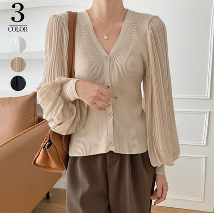 Retro V-neck Breasted Chiffon Patchwork Puff Sleeve