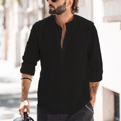 Men's Casual Stand-up Collar Door Barrel Solid Color Long-sleeved Shirt