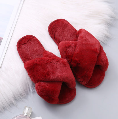 Winter Women Home Slippers With Faux Fur Fashion Warm Shoes Woman Slip On Flats Female Slides Black Plus Size