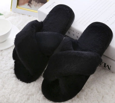 Winter Women Home Slippers With Faux Fur Fashion Warm Shoes Woman Slip On Flats Female Slides Black Plus Size