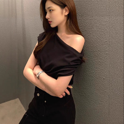 Irregular Shoulder Design Loose Solid Color Pullover Short Sleeve T-shirt