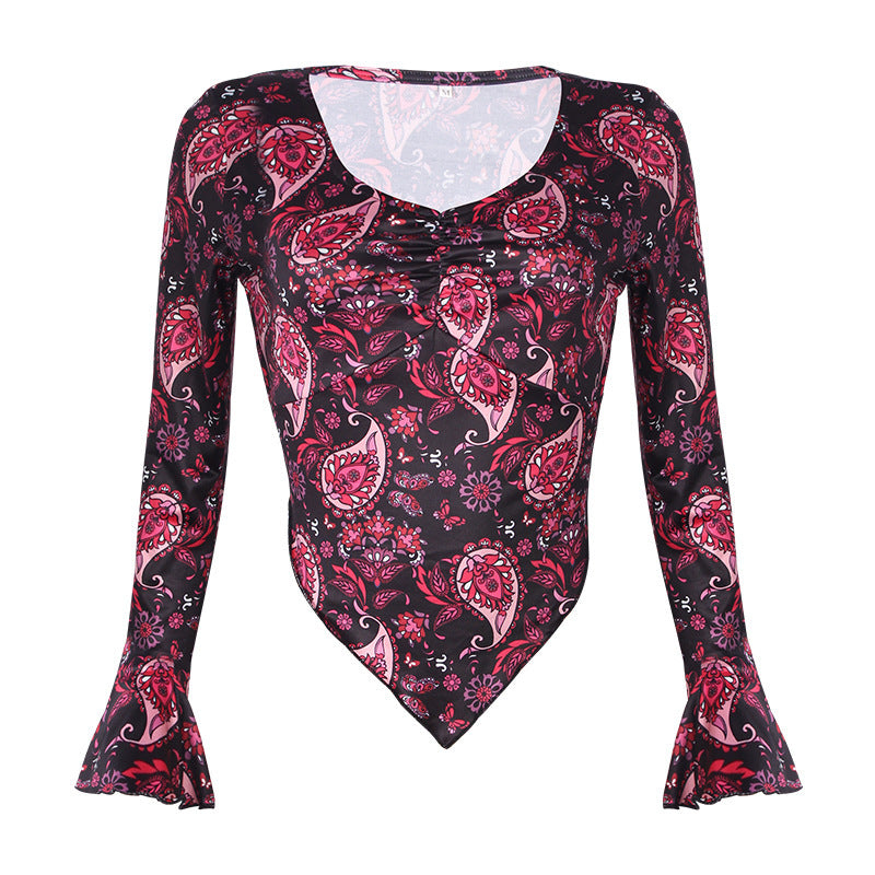 Printed V-Neck Long-Sleeved Navel Sexy Casual T-Shirt