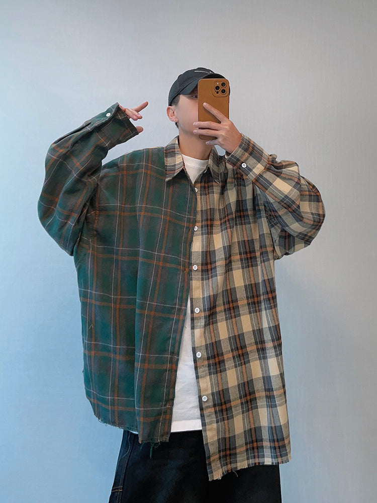 Yellow And Green Plaid Rough Edge Asymmetric Stitching Long-sleeved Shirt