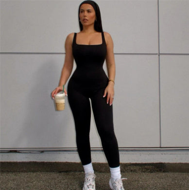 Women's Sleeveless Low-neck Slim Fit High Top Sports One-piece Trousers