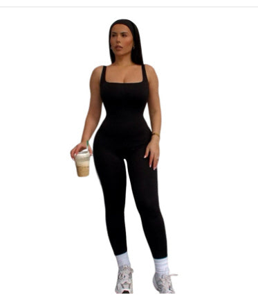 Women's Sleeveless Low-neck Slim Fit High Top Sports One-piece Trousers