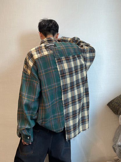 Yellow And Green Plaid Rough Edge Asymmetric Stitching Long-sleeved Shirt