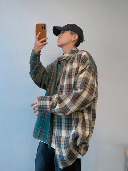 Yellow And Green Plaid Rough Edge Asymmetric Stitching Long-sleeved Shirt