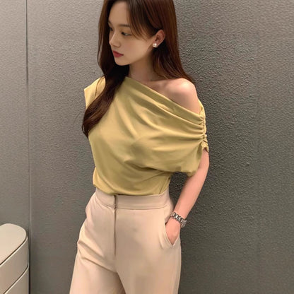 Irregular Shoulder Design Loose Solid Color Pullover Short Sleeve T-shirt