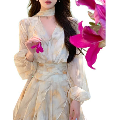 Long Sleeve V-neck Puff Sleeve Chiffon Yellow Floral Dress