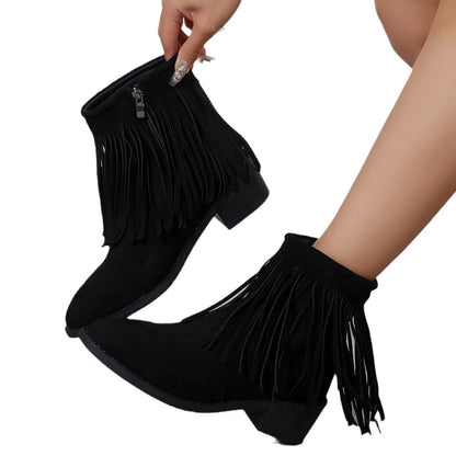 Plus Size Pointed Tassel Fashion Short Boots Female Chunky Heel Side Zip