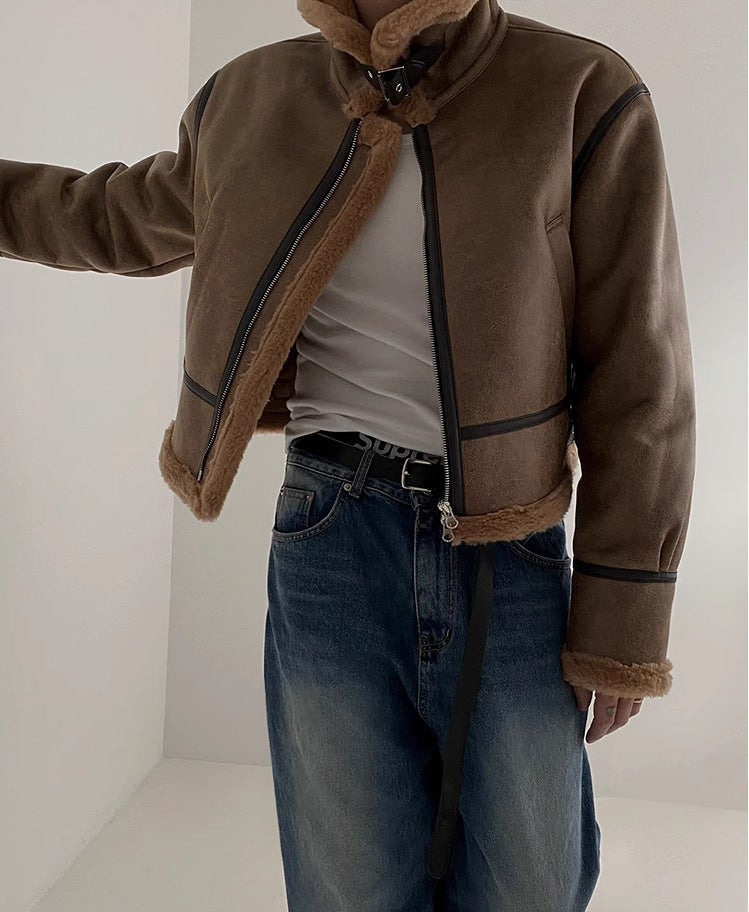 South Korea Fur Integrated Cotton Coat Loose Suede Lambswool Leather Jacket