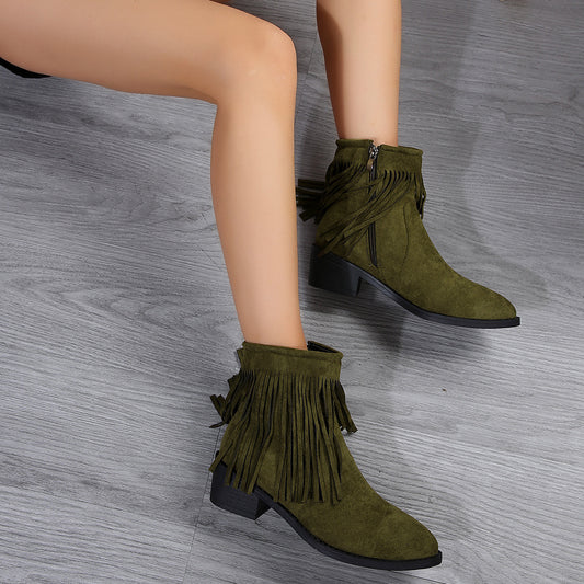 Plus Size Pointed Tassel Fashion Short Boots Female Chunky Heel Side Zip