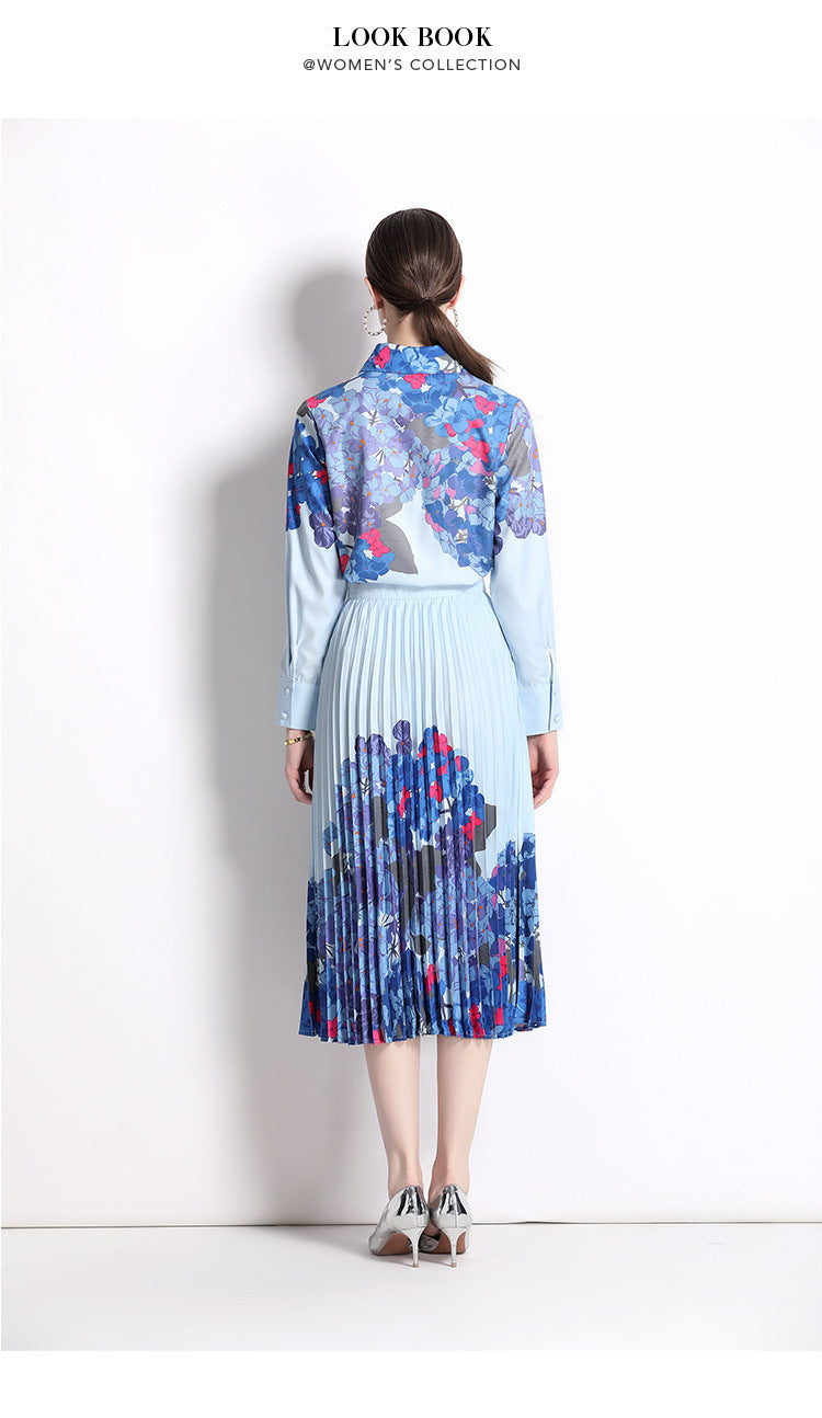 Bow Lace Printing Shirt Fashion Pleated Skirt Suit