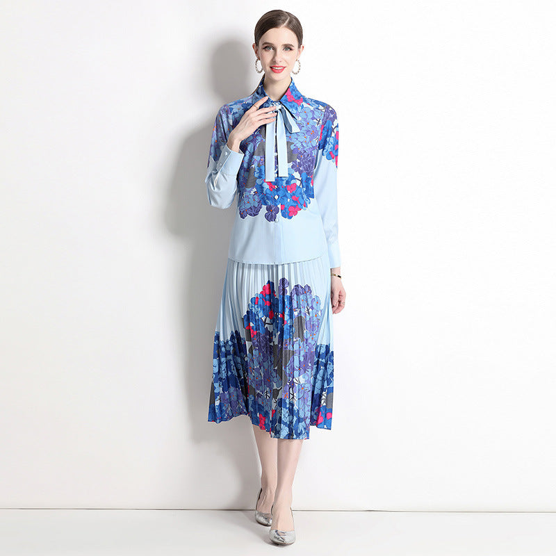 Bow Lace Printing Shirt Fashion Pleated Skirt Suit