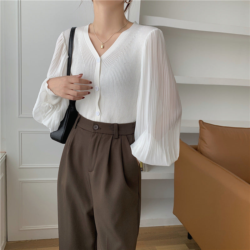 Retro V-neck Breasted Chiffon Patchwork Puff Sleeve