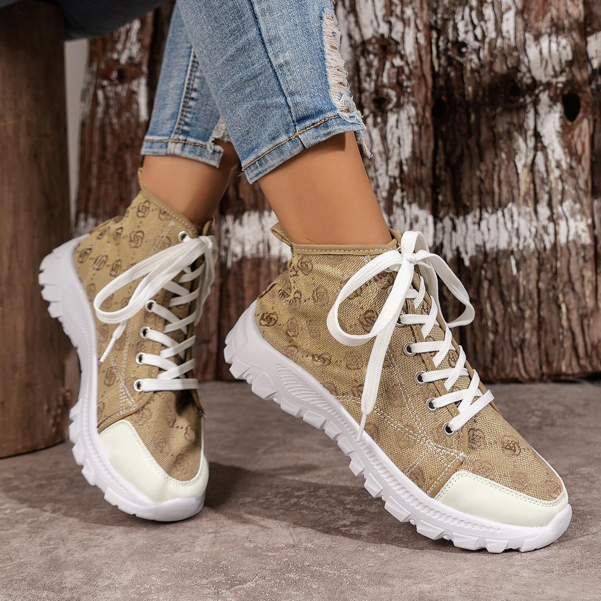 Rose-printed Lace-up Boots Fashion Breathable Canvas Shoes Sports Casual Non-slip Thick-soled Short Boot For Women