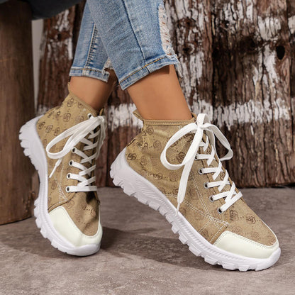 Rose-printed Lace-up Boots Fashion Breathable Canvas Shoes Sports Casual Non-slip Thick-soled Short Boot For Women