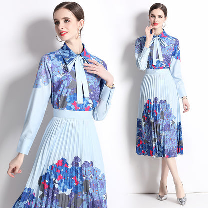 Bow Lace Printing Shirt Fashion Pleated Skirt Suit