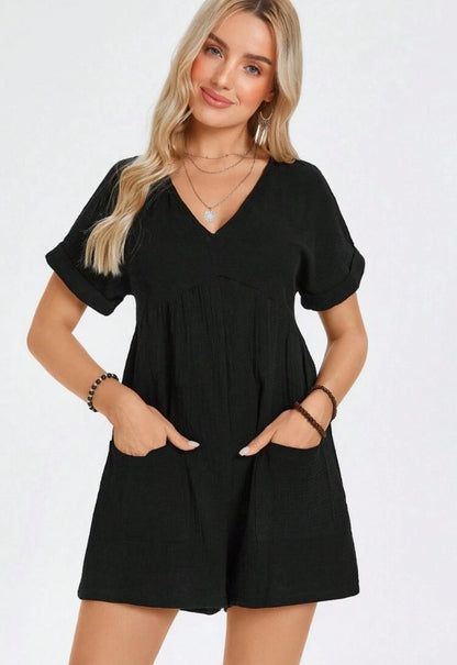 Batwing Sleeve Pocket Patched Romper