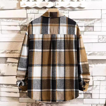 FallWinter Slim Brushed Plaid Long Sleeve Flannel Shirt Men