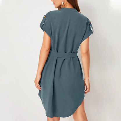 V-neck Short Sleeve Dress With Belt Summer Fashion Bowknot Dresses For Women Clothing