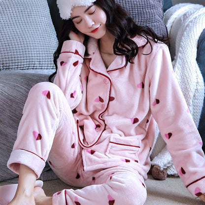 Thickened Flannel Pajamas Ladies Long Sleeve Warm Homewear Set