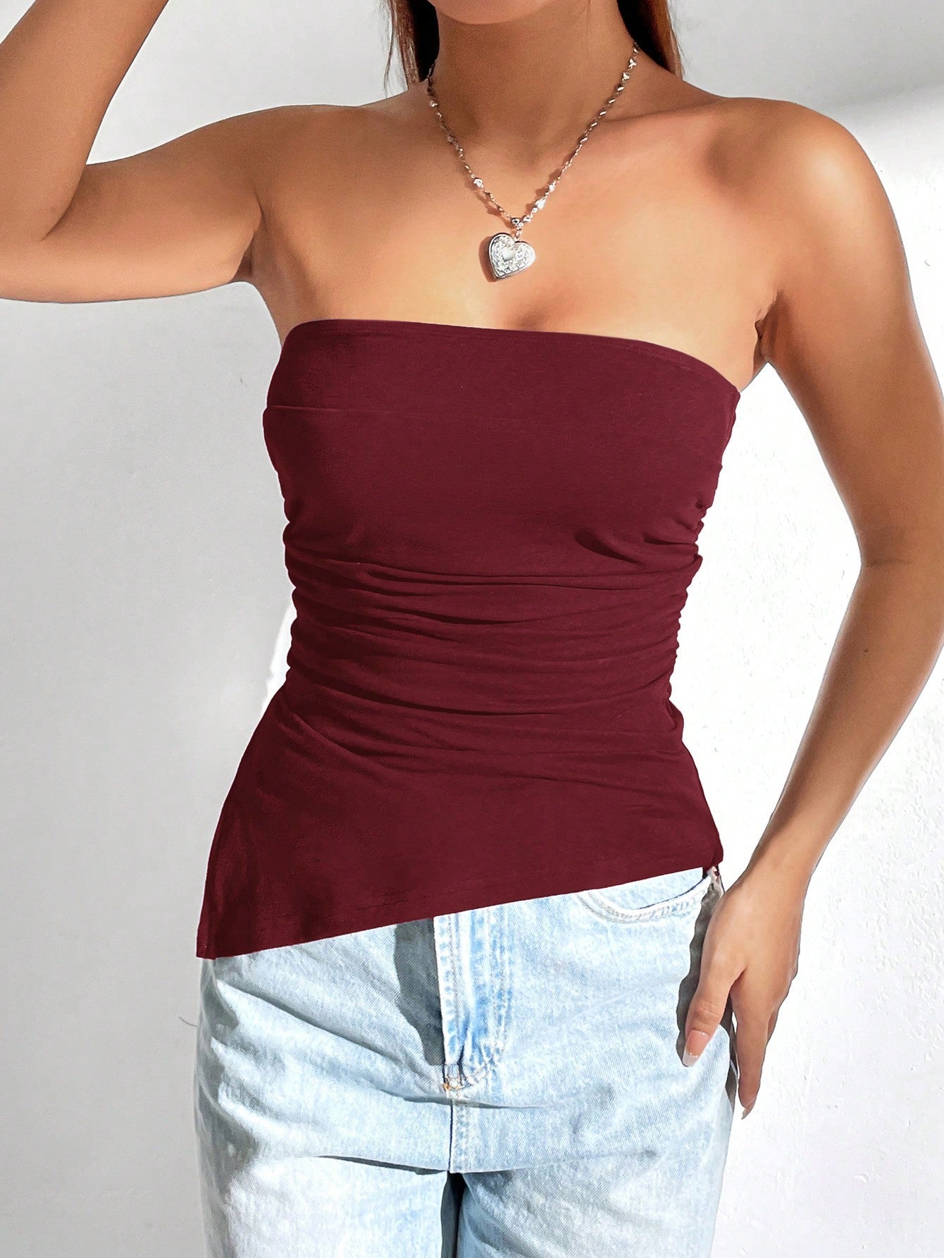 Women Solid Color Ruched Side Slit Hem Bandeau Cami Top