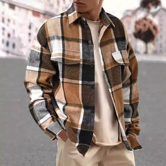 FallWinter Slim Brushed Plaid Long Sleeve Flannel Shirt Men