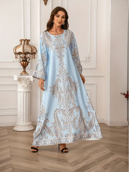 Elegant Floral Print Long Sleeve Abaya Dress