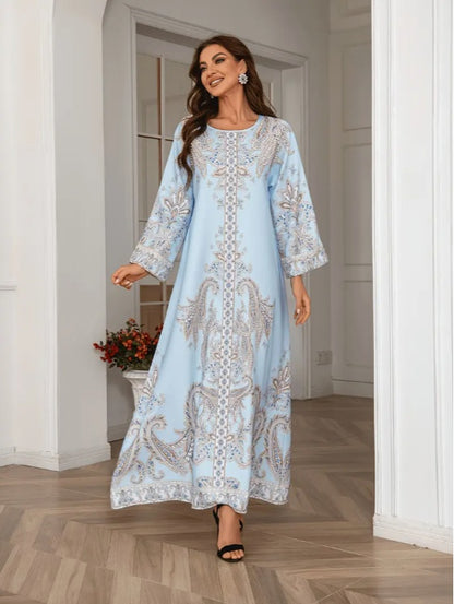 Elegant Floral Print Long Sleeve Abaya Dress