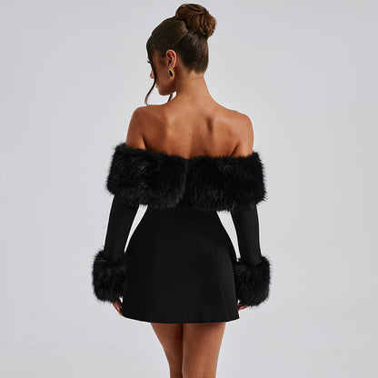 Women's Off-shoulder Fur Collar A- Line Short Dress