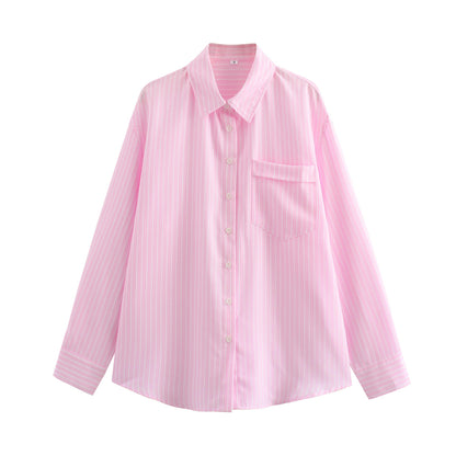 Four-color Striped Single-mouth Pocket Decoration Loose Women's Shirt