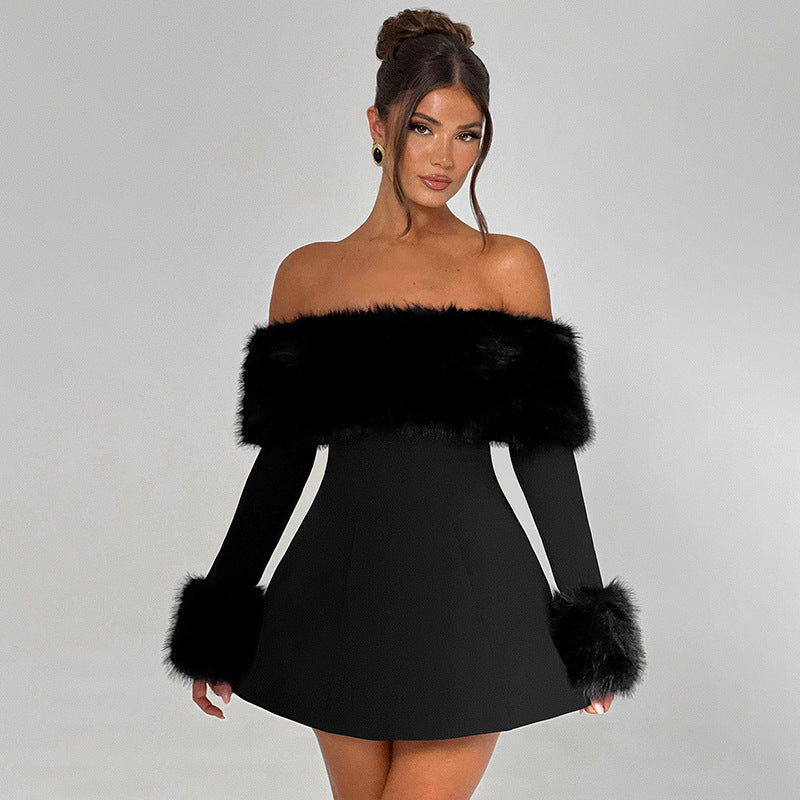 Women's Off-shoulder Fur Collar A- Line Short Dress