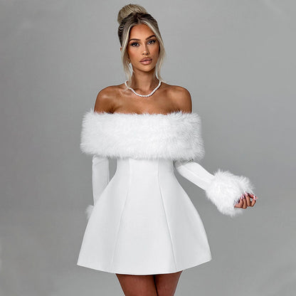 Women's Off-shoulder Fur Collar A- Line Short Dress