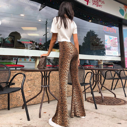 Women's High Waist Casual Pants Fashion Slim Leopard Print Bell-bottom Pants