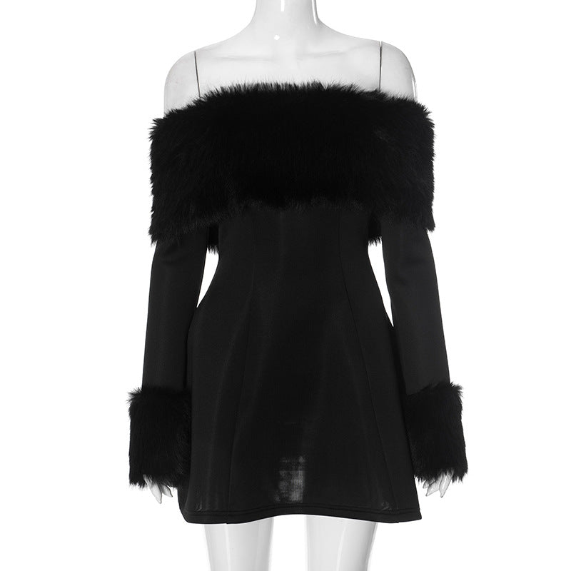 Women's Off-shoulder Fur Collar A- Line Short Dress