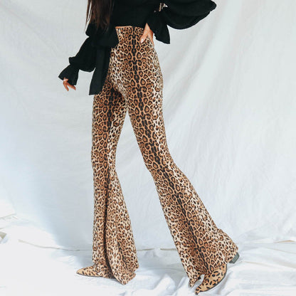 Women's High Waist Casual Pants Fashion Slim Leopard Print Bell-bottom Pants