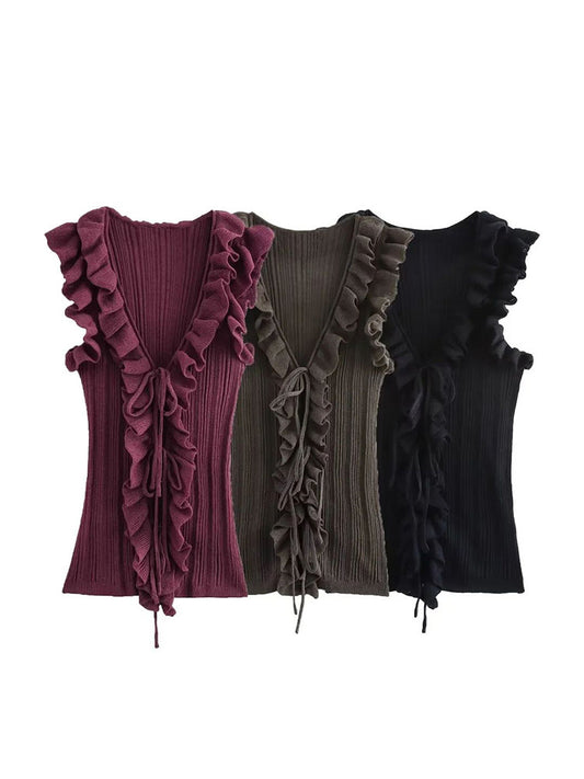 Women's Frill Tie With Sleeveless Knitted Cardigan Top