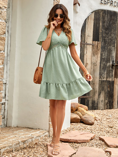 Women's Fashion V-neck Solid Color Ruffle Sleeve Dress