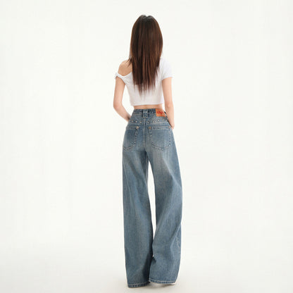 Retro High Waist Stud Design Jeans