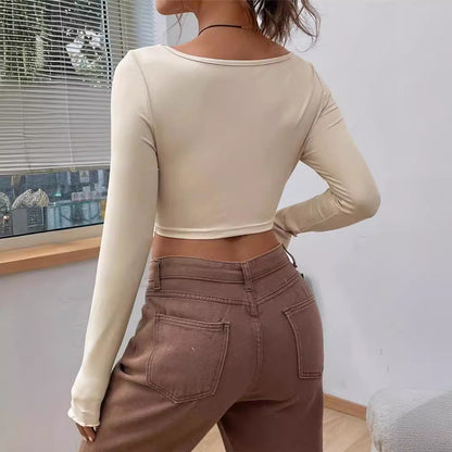 Slim-fit Front Twist Irregular Long Sleeve T-shirt For Women