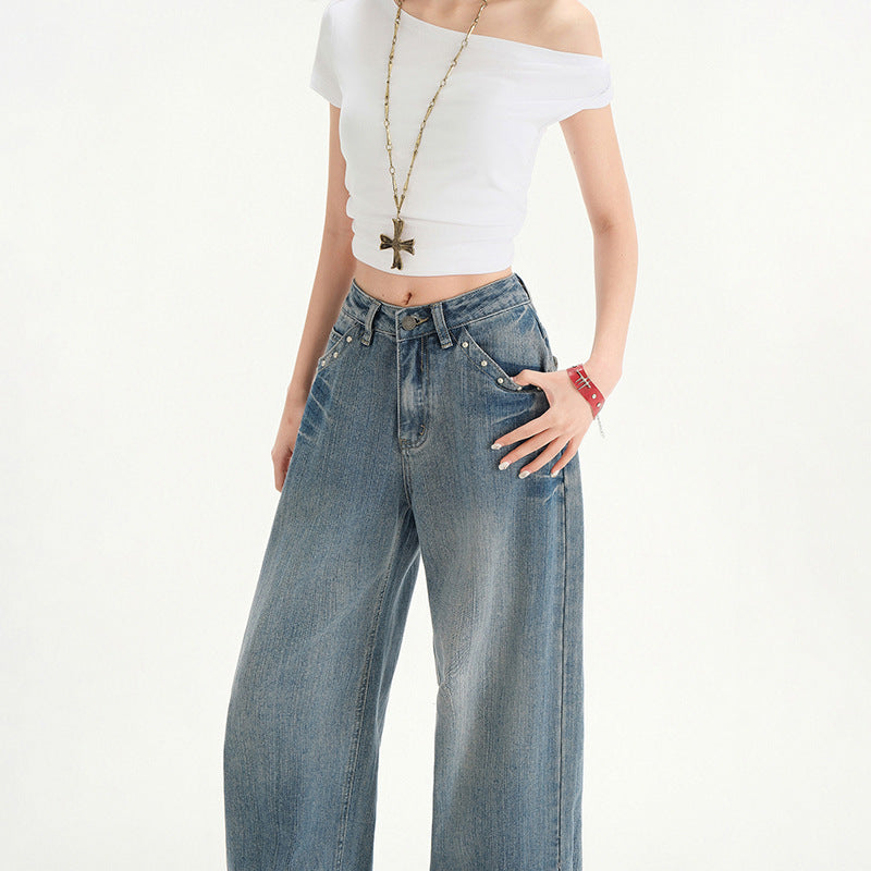 Retro High Waist Stud Design Jeans