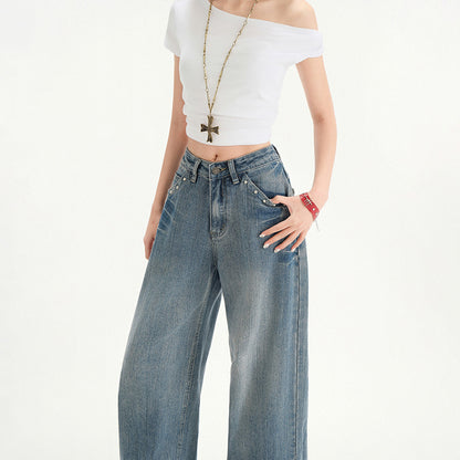 Retro High Waist Stud Design Jeans