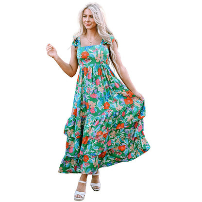 Floral Print High Waist Slimming Ruffled Sleeveless Dress