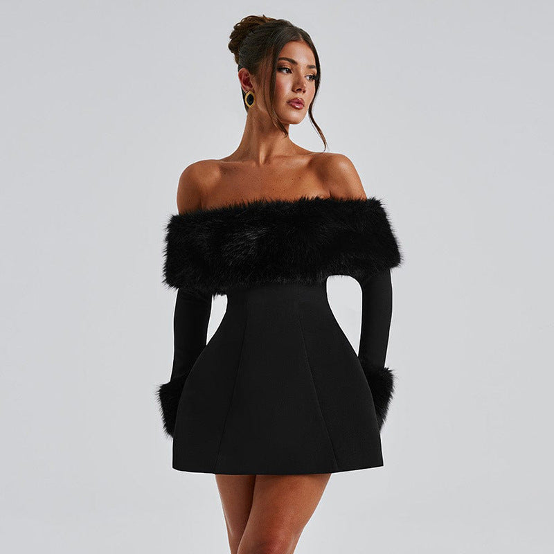 Women's Off-shoulder Fur Collar A- Line Short Dress