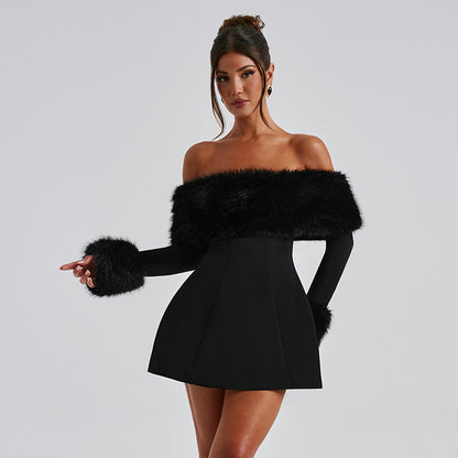 Women's Off-shoulder Fur Collar A- Line Short Dress